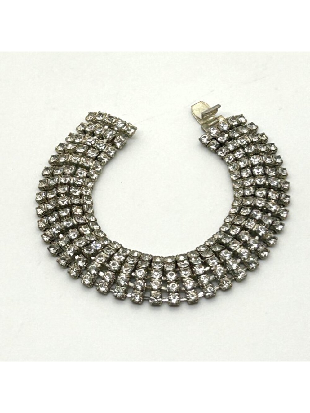 Vintage Rhinestone Bracelet Silver Tone Wide  Multi-Row Art Deco Style 7 Inches